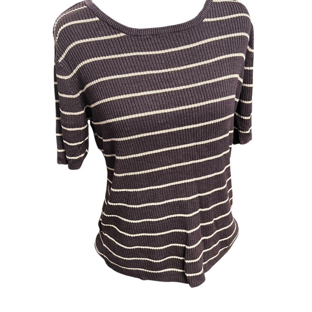 TRAVIS AYERS Short Sleeve Tee Size 12 Purple & White Striped 100% silk